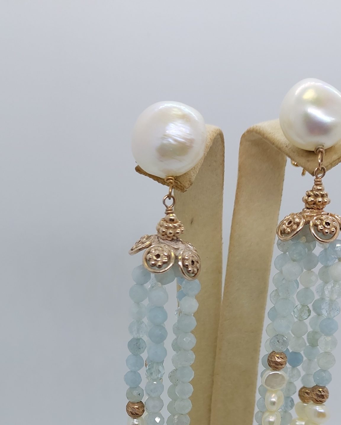 Orecchini pendenti in argento rosato con perla e pendenti di acquamarinamilk e perline (forma di medusa)