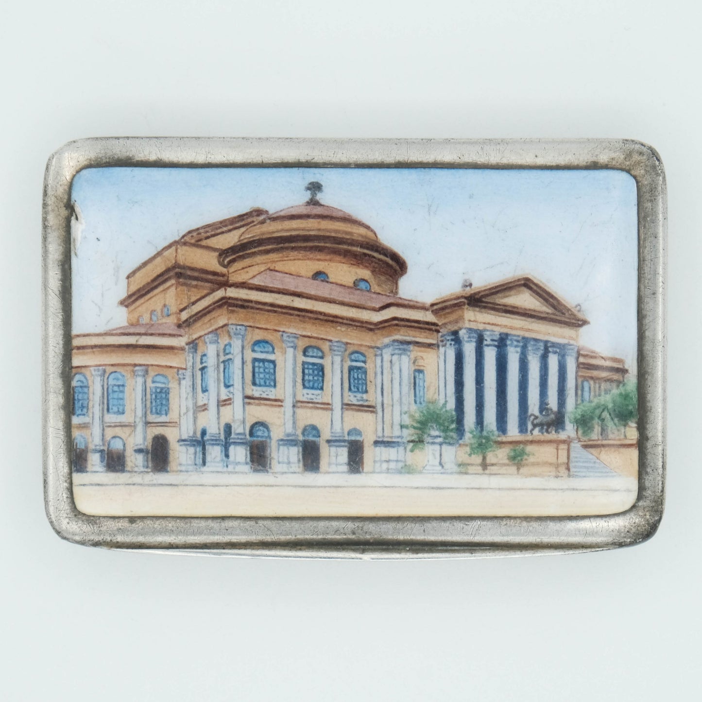 Scatola in argento tabacchiera con smalto, raffigurante il Teatro Massimo di Palermo